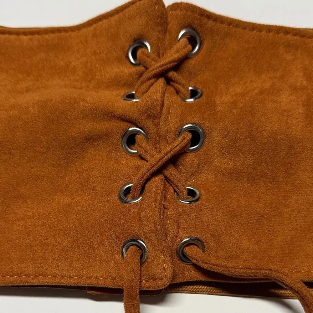 Faux Suede Lace-Up Corset Belt Tan Small